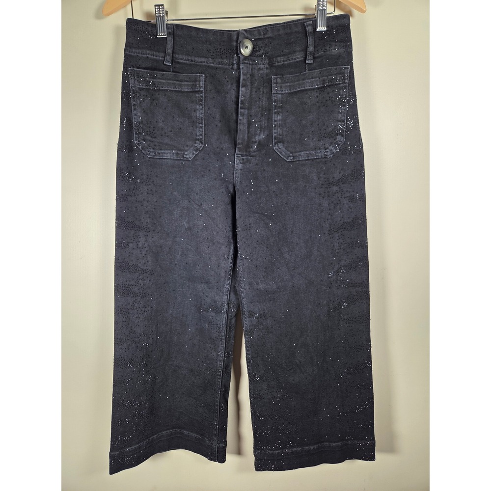 Maeve Anthropologie The Colette Jeans Black Rhinestone Wide Leg Crop Jeans 29P